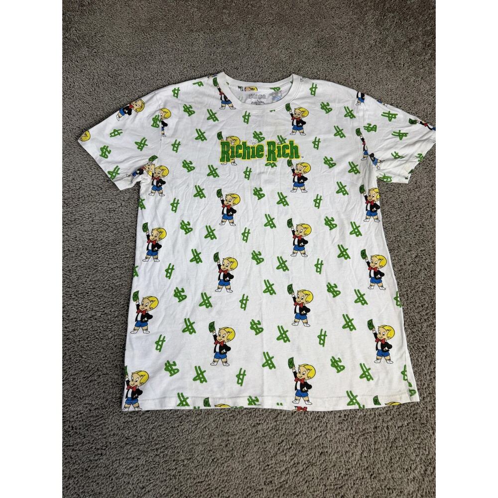 Richie Rich Shirt Mens L White Allover Graphic Crew Neck Tagless Cotton/Poly